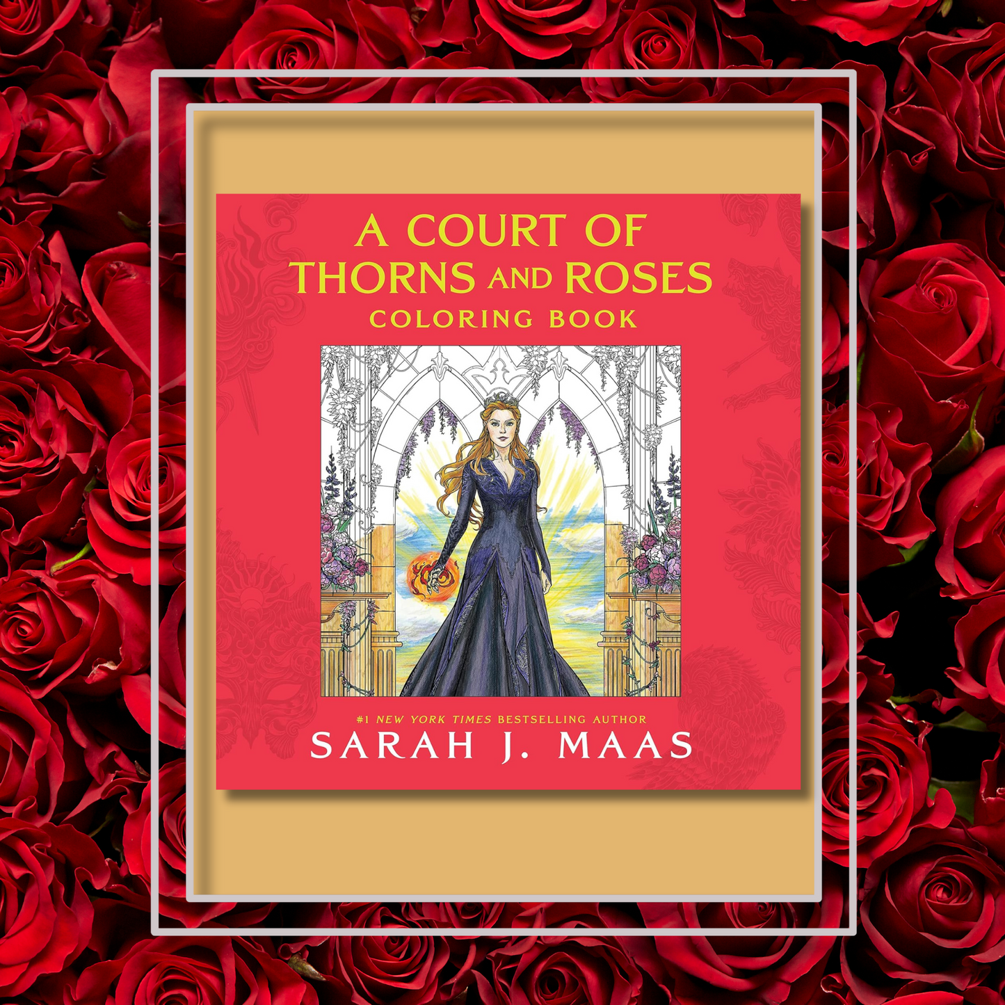 A Court of Thorns and Roses Colouring Book cover on a pretty background.