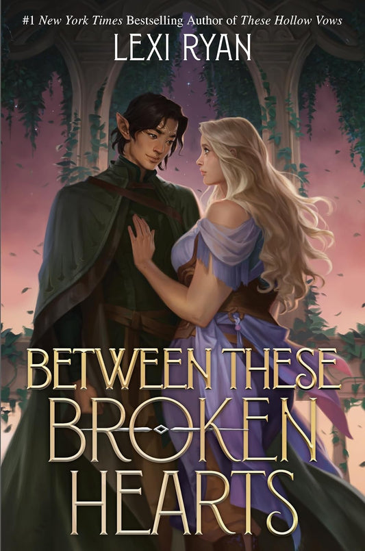 Book cover of 'Between These Broken Hearts' by Lexi Ryan featuring a couple in a forest setting.