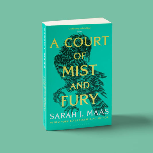 Book titled 'A Court of Mist and Fury' by Sarah J. Maas on a teal background