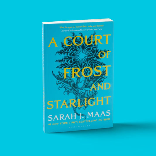 Book titled 'A Court of Frost and Starlight' by Sarah J. Maas on a blue background