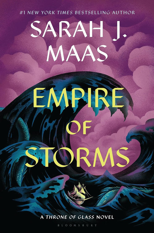 Book cover of 'Empire of Storms' by Sarah J. Maas with stormy waves and a ship.