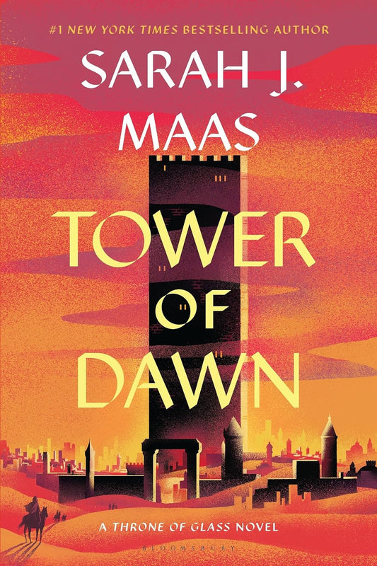 Book cover of 'Tower of Dawn' by Sarah J. Maas with a tower and desert design.