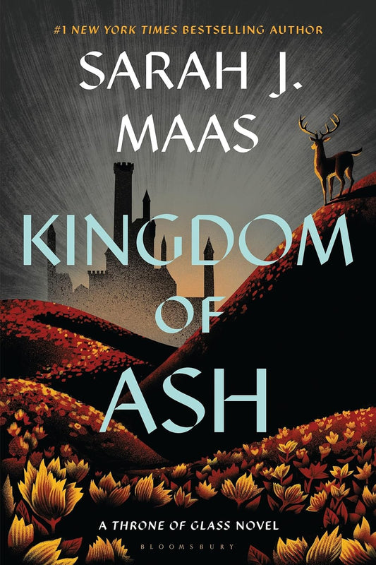 Book cover of 'Kingdom of Ash' by Sarah J. Maas with a deer and castle silhouette.