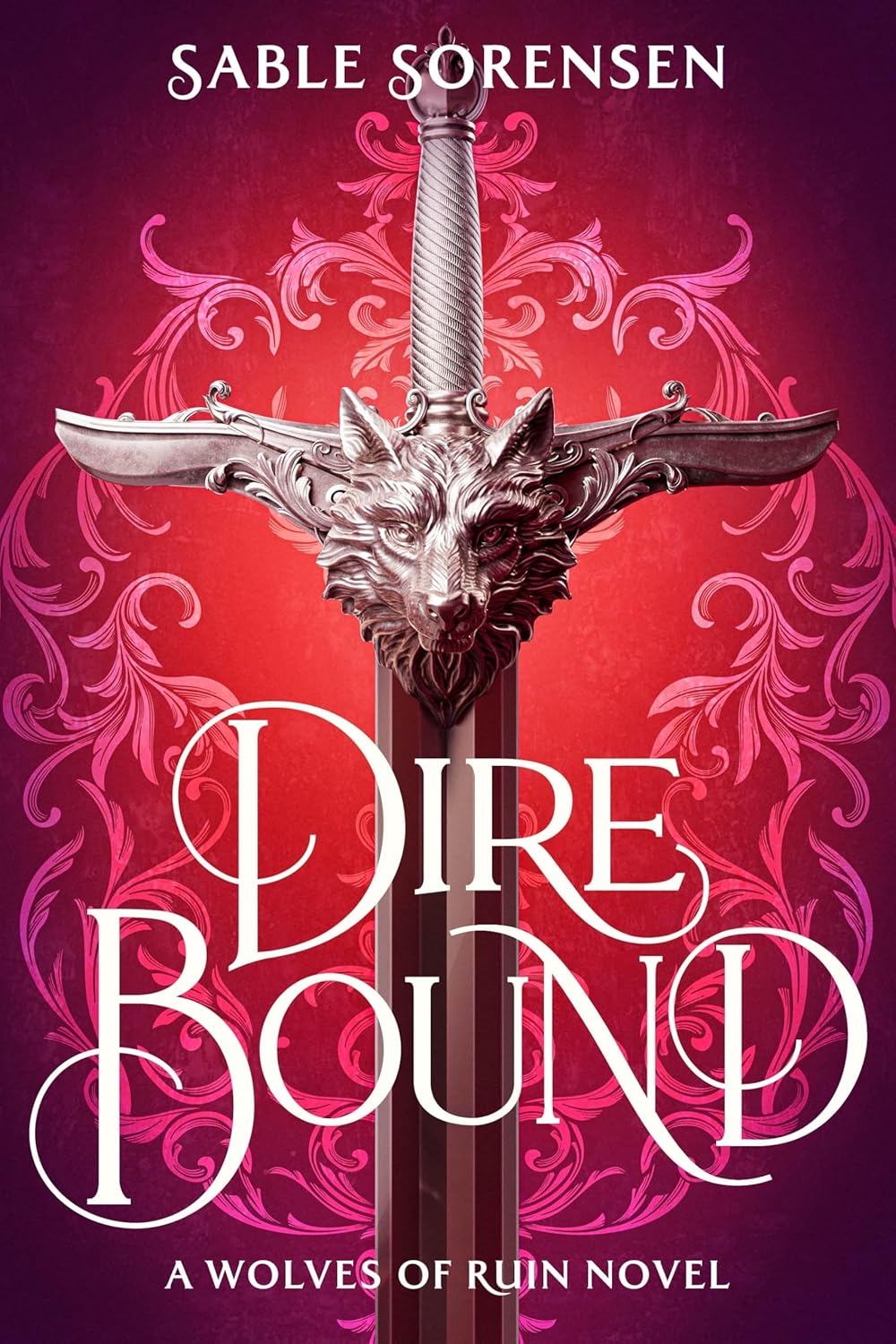Book cover of 'Dire Bound' by Sable Sorensen featuring a sword with a wolf head on a red and pink patterned background.