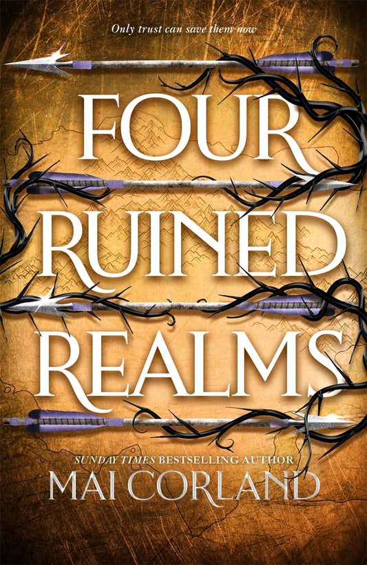 Book cover of 'Four Ruined Realms' with text and arrows on a brown background