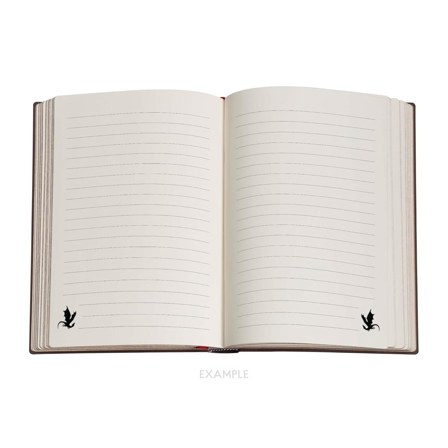 Open notebook with lined pages and small dragons in the bottom corners on a white background