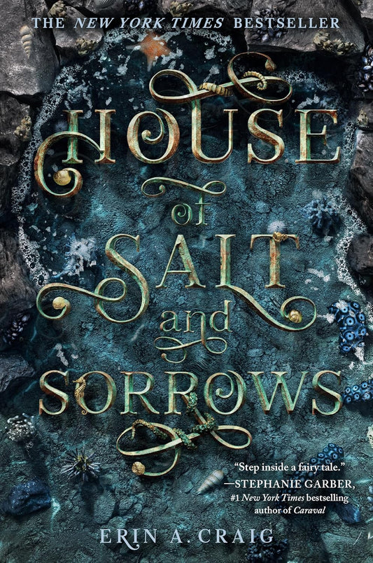 Book cover of 'House of Salt and Sorrows' with decorative text and rock pool background