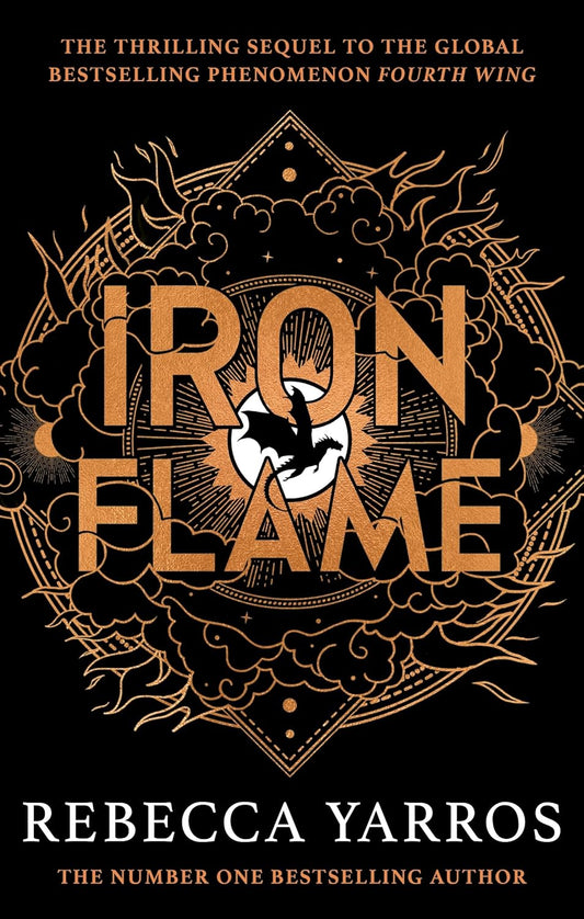 Book cover of 'Iron Flame' by Rebecca Yarros with decorative text and emblem.