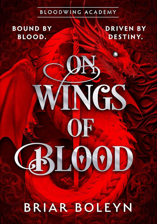 Book cover of 'On Wings of Blood' with a red dragon and dark background