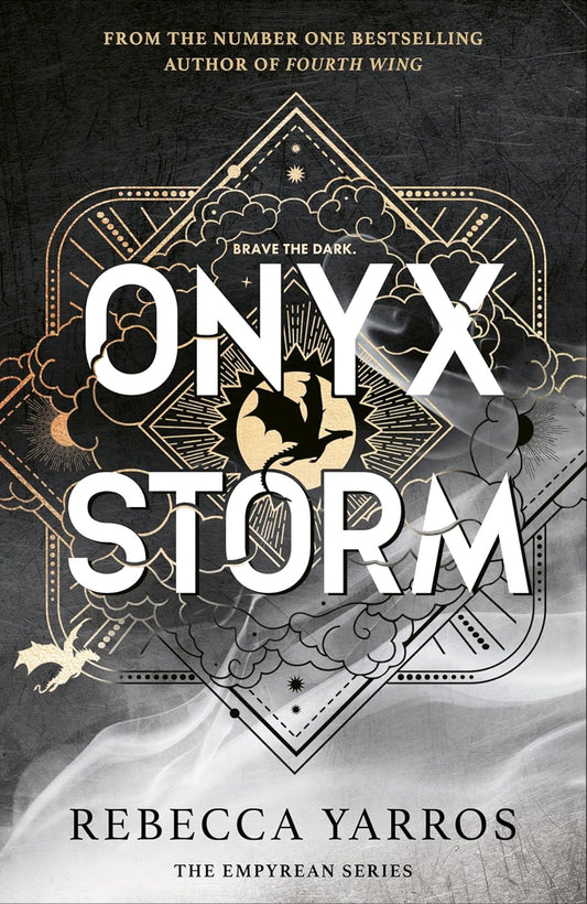 Book cover of 'Onyx Storm' by Rebecca Yarros with decorative text and symbols.