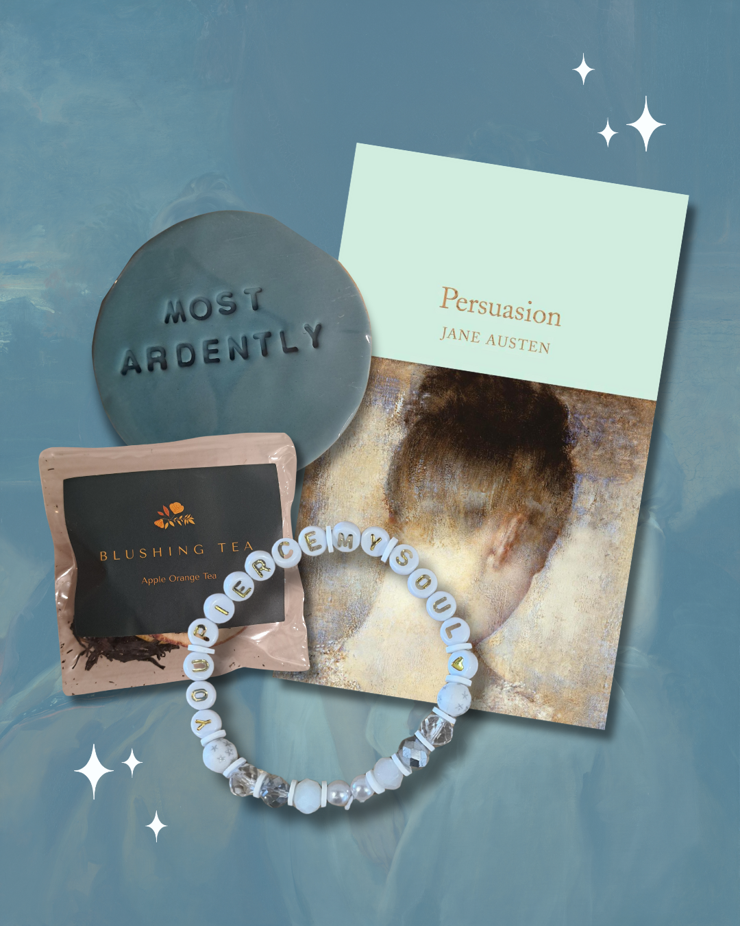 Persuasion Bundle showing the book, a cookie, a tea and a white bracelet.
