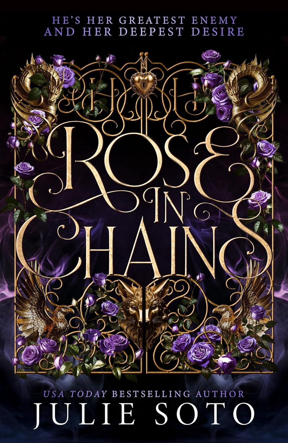 Book cover of 'Rose in Chains' with decorative text and purple roses on a dark background