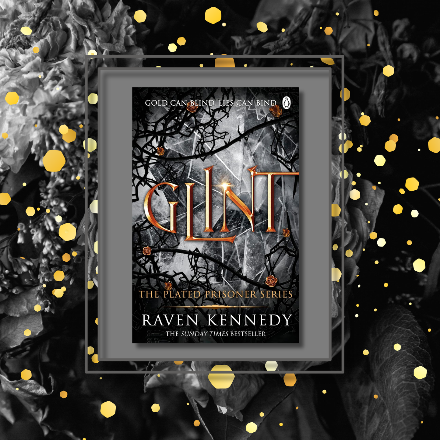 Glint book cover on a moody background