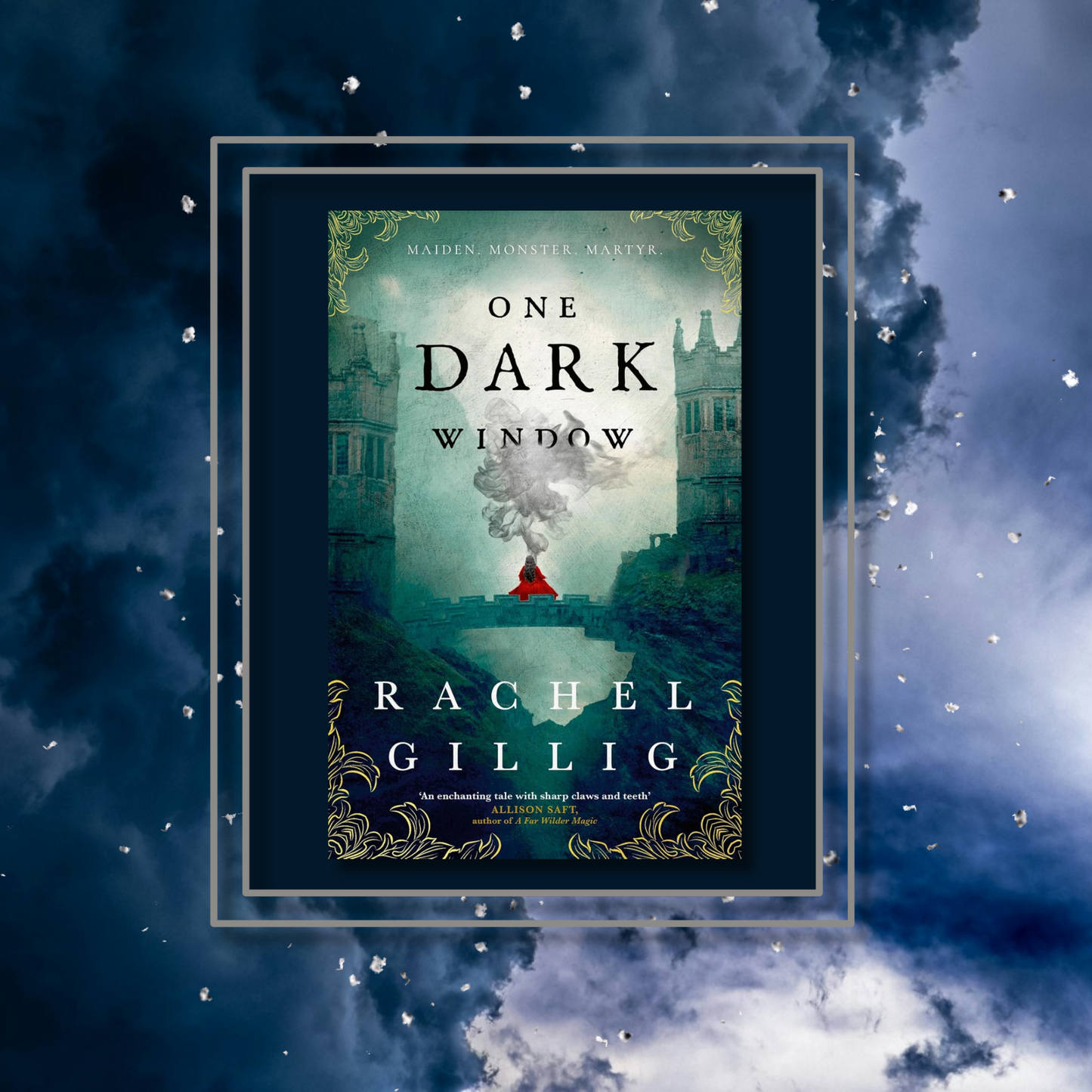 One Dark Window by Rachel Gillig, featuring the book cover with a photo background inspired by its artwork.