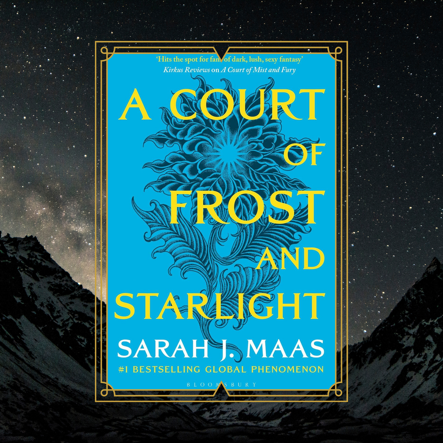Book cover of 'A Court of Frost and Starlight' with mountain and starry sky background