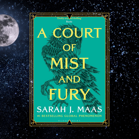 Book cover of 'A Court of Mist and Fury' with a bird holding a ring illustration against a starry night sky.