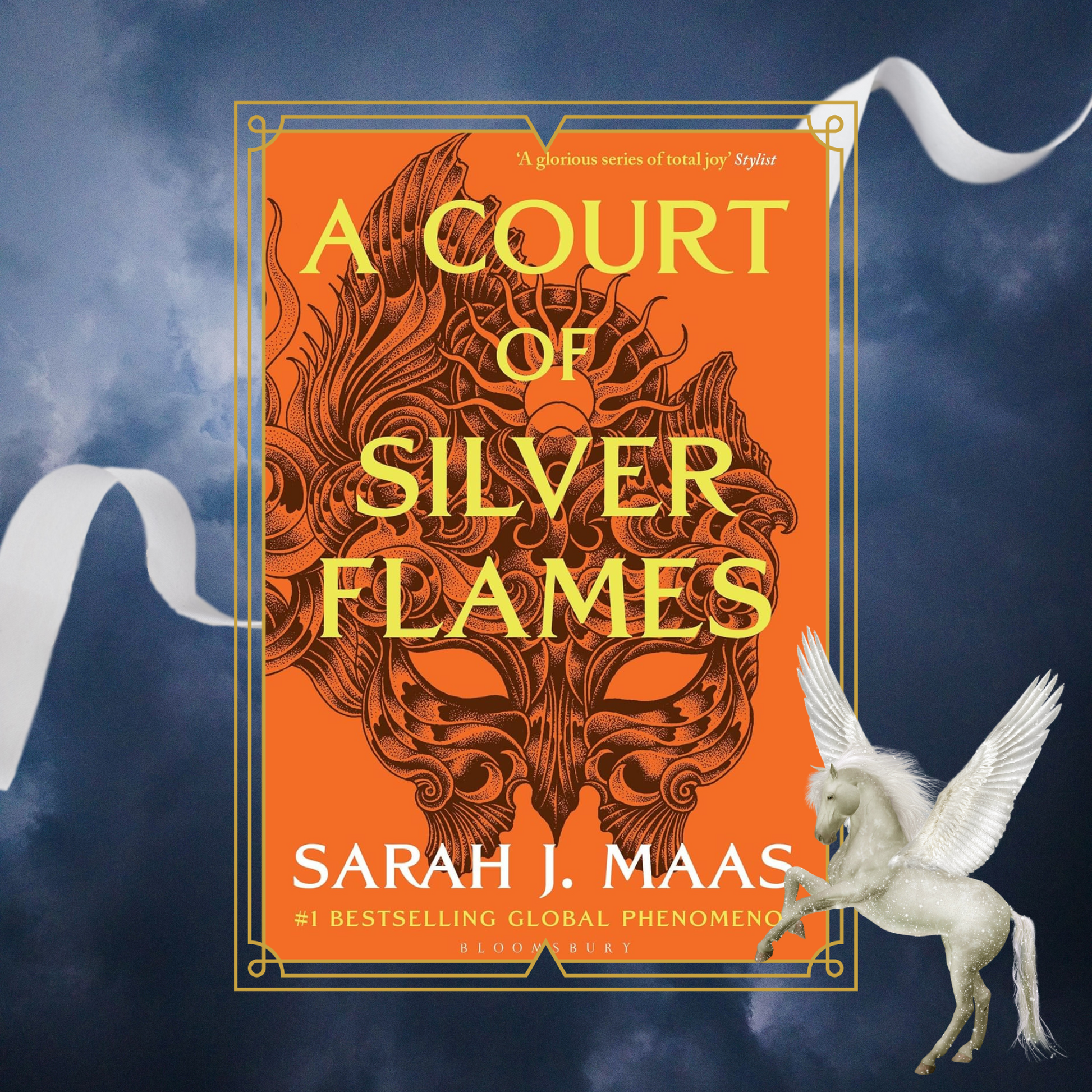 A_Court_of_Silver_Flames_by_Sarah_J_Maas book cover with an illustration of a mask, on a background that includes a white ribbon and a pegasus.