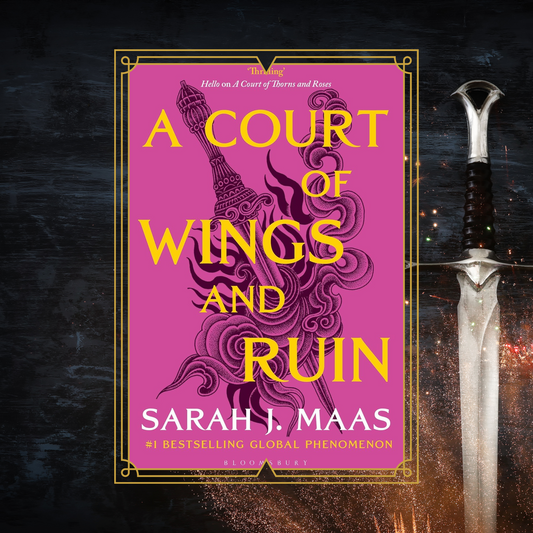 A_Court_of_Wings_and_Ruin_by_Sarah_J_Maas book cover with a sword illustration on a background with a photo of a sword.