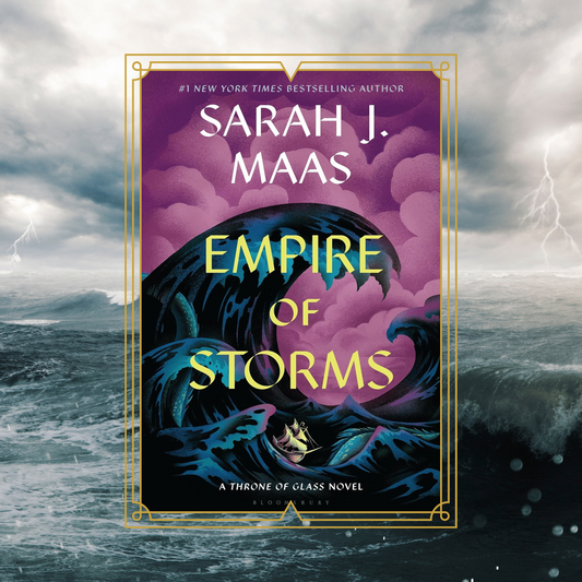 Empire of Storms by Sarah J Maas book cover with an image of a boat in giant waves, on a photo background of a stormy sea.