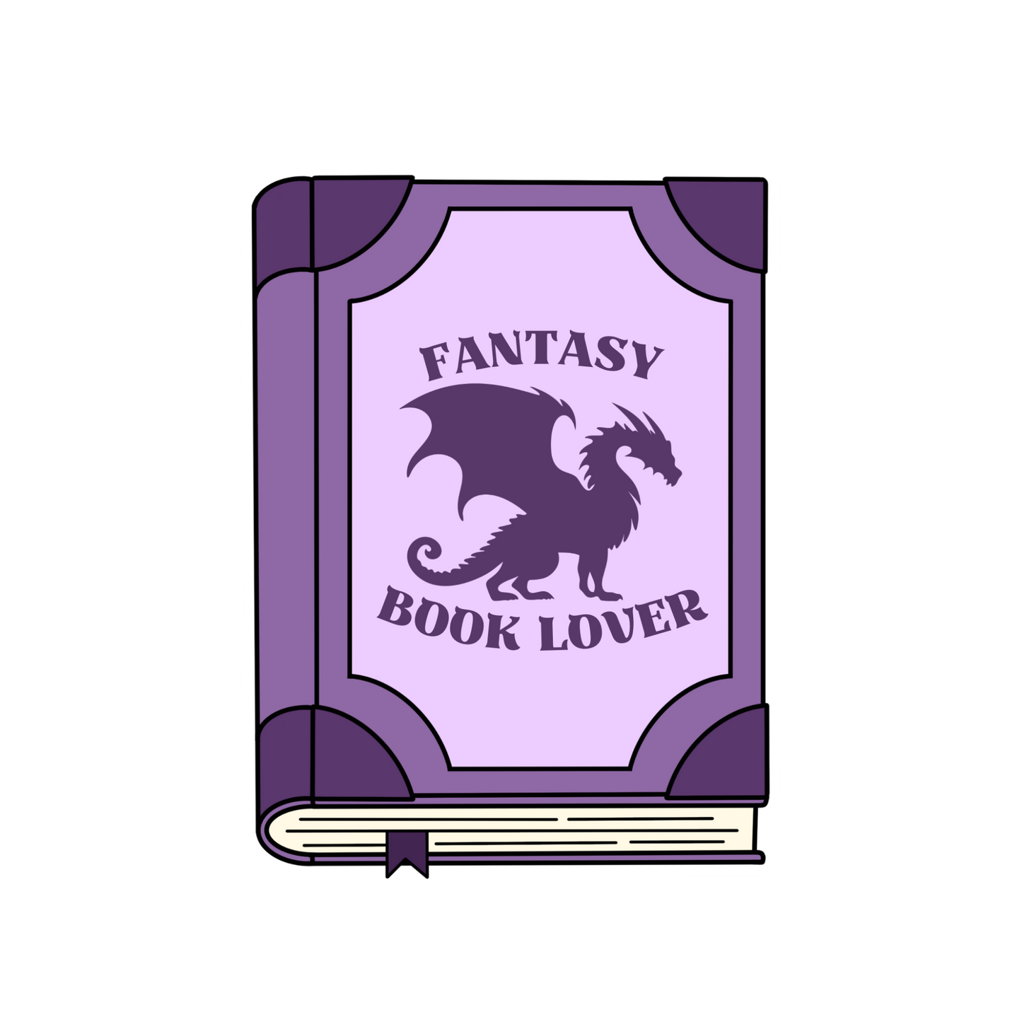 Purple book sticker with a dragon and text: Fantasy Book Lover. Image only.