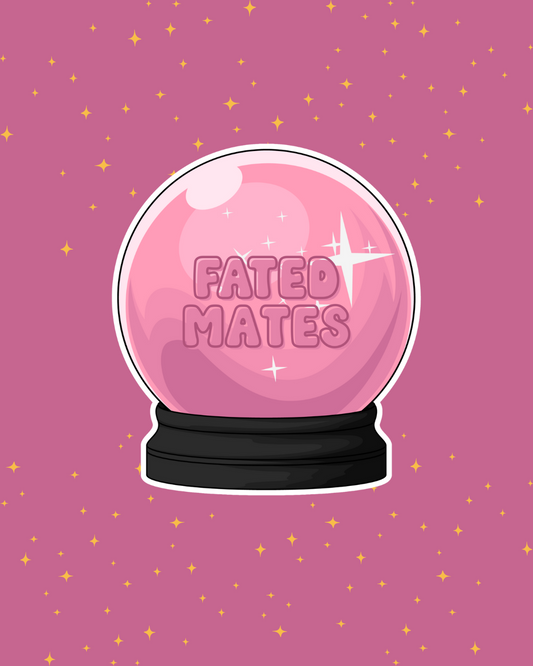 Sticker pink crystal ball with words Fated Mates inside. Shown on a pink background with stars.