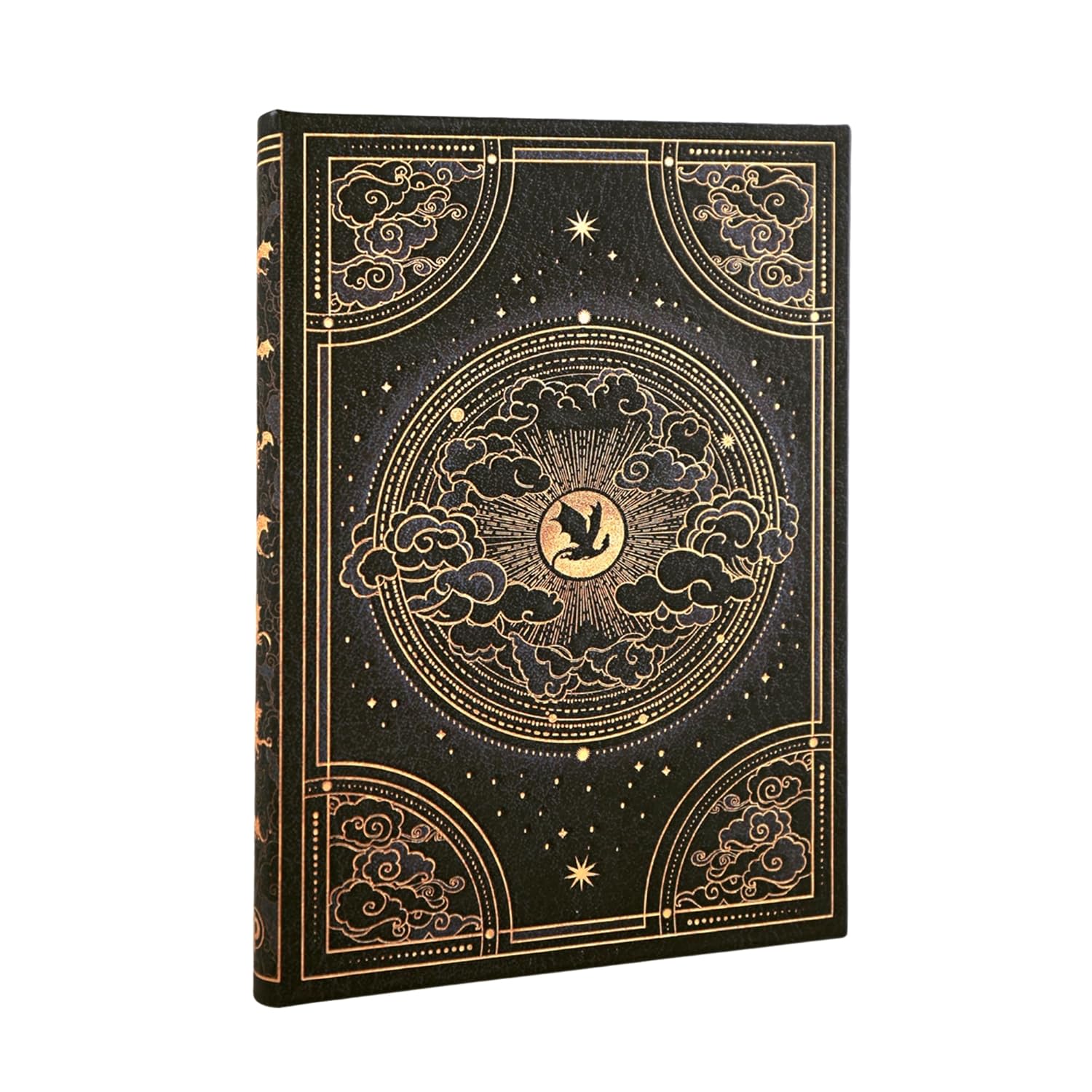 Decorative notebook with gold embossed design on a black background