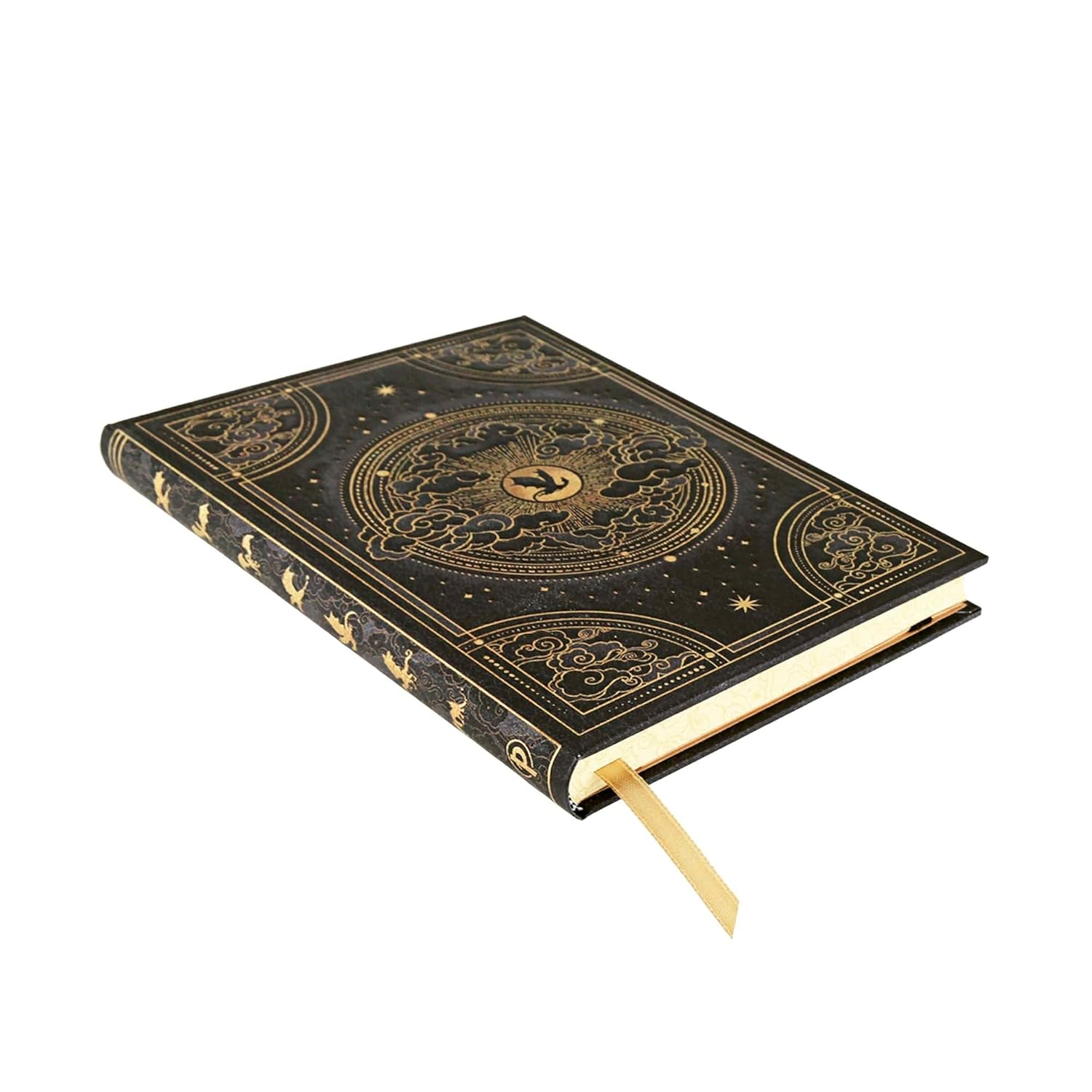 Decorative black notebook with gold embossed designs on a white background