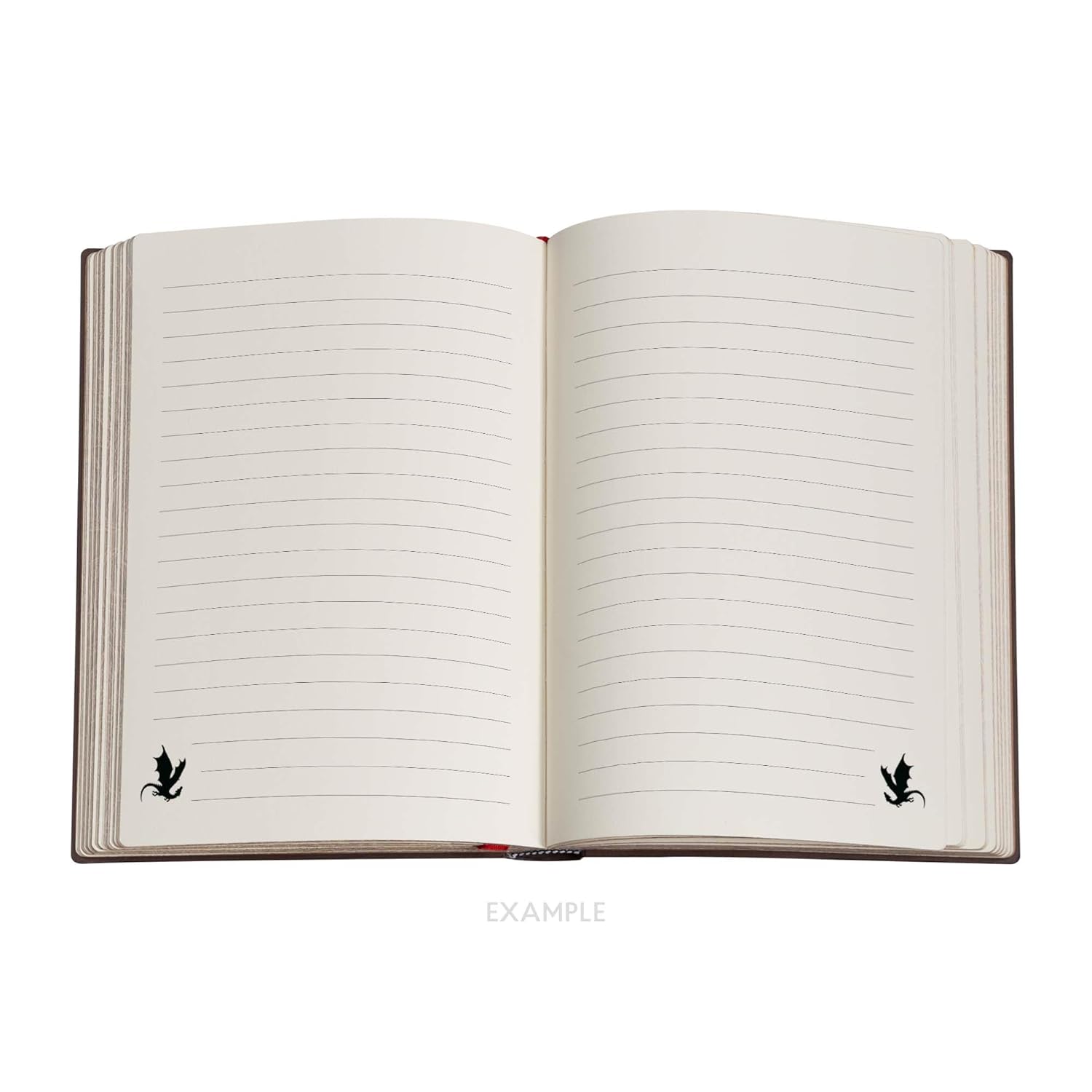 Open notebook with lined pages and small dragons in the bottom corners on a white background