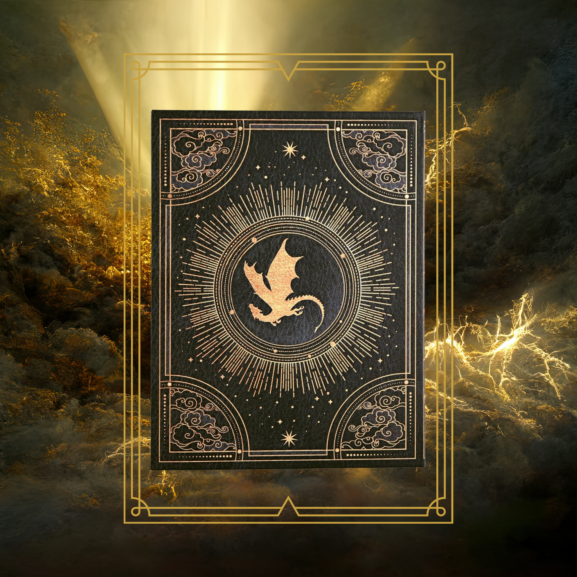 Black notebook cover with golden designs including a dragon and clouds on a background with golden clouds
