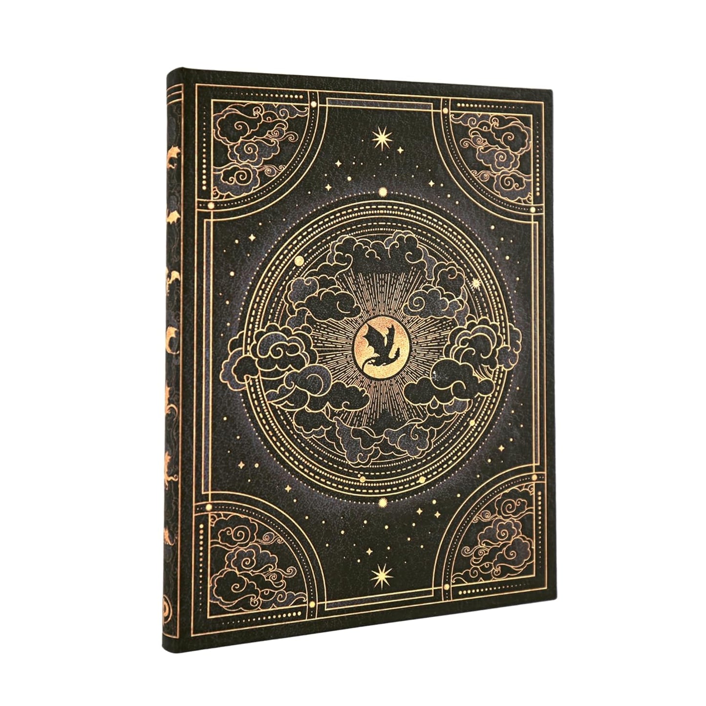 Decorative notebook with gold embossed design on a black background