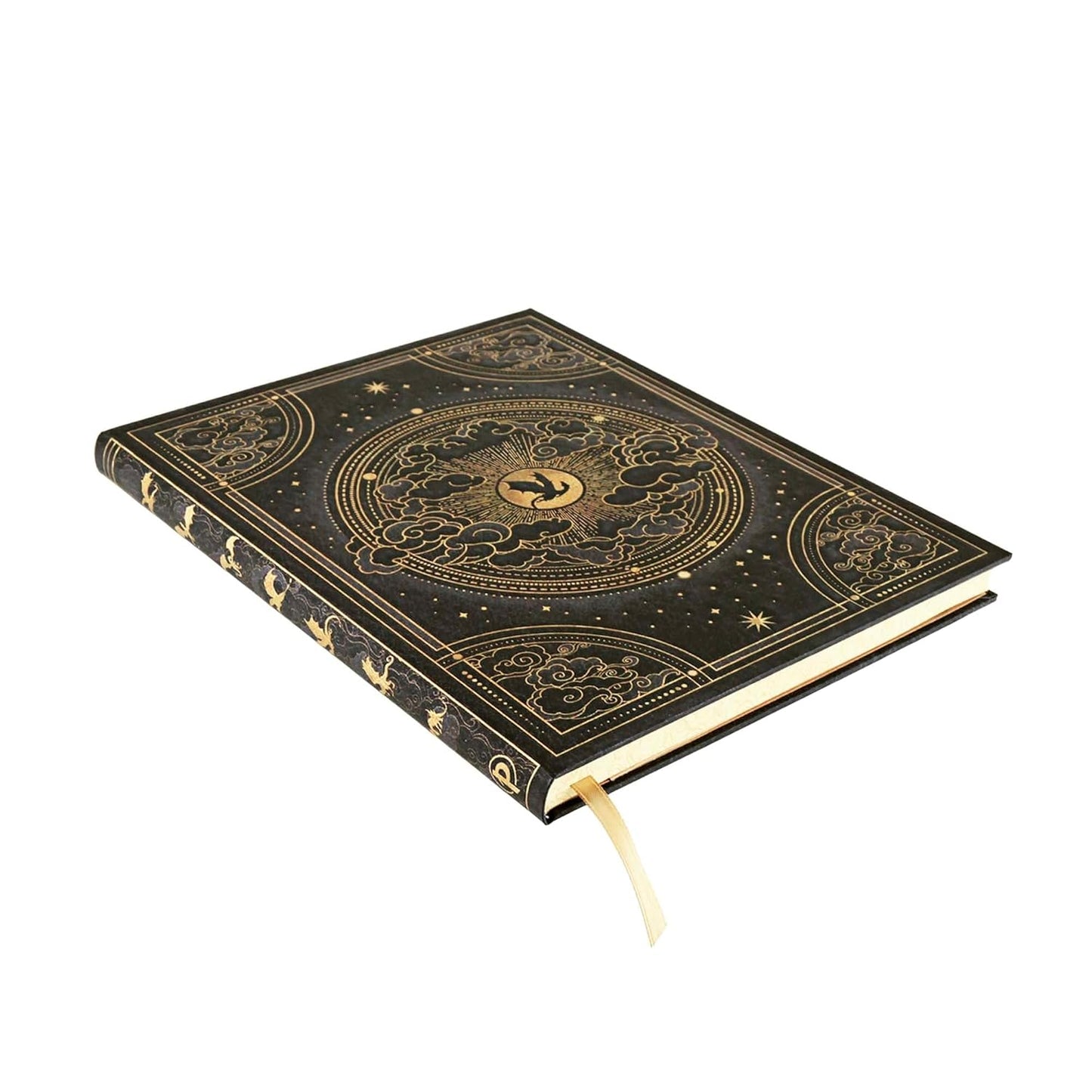Decorative black notebook with gold embossed designs on a white background