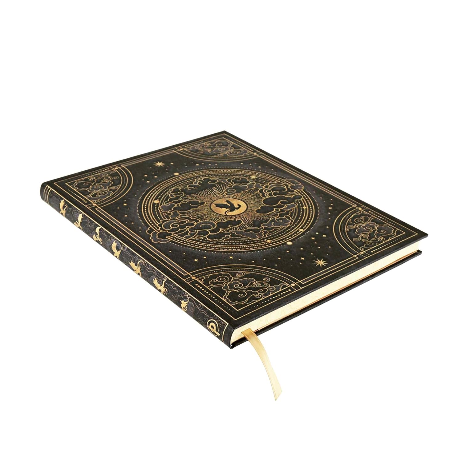 Decorative black notebook with gold embossed designs on a white background