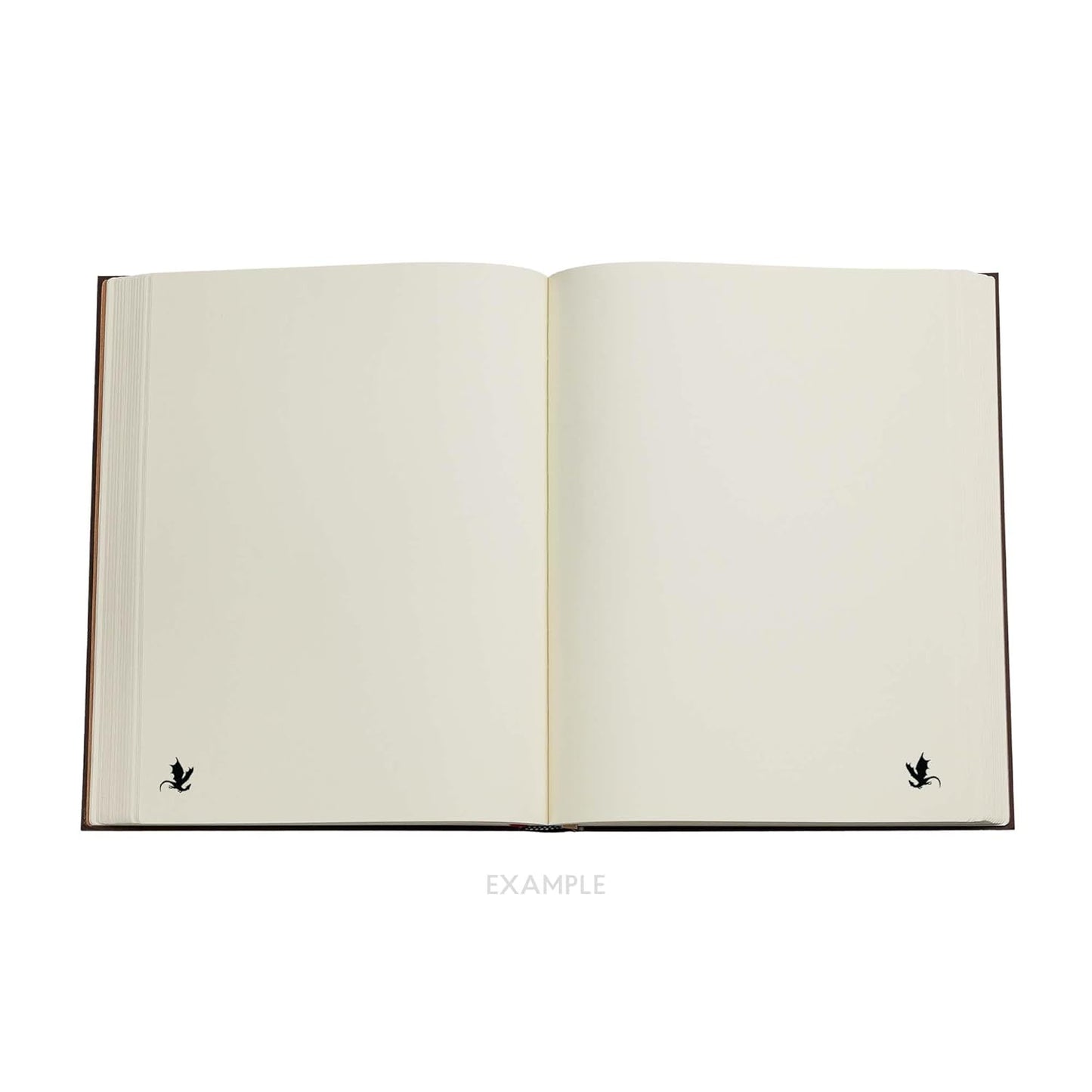 Open notebook with blank pages with a small dragon on the bottom corners, on a white background