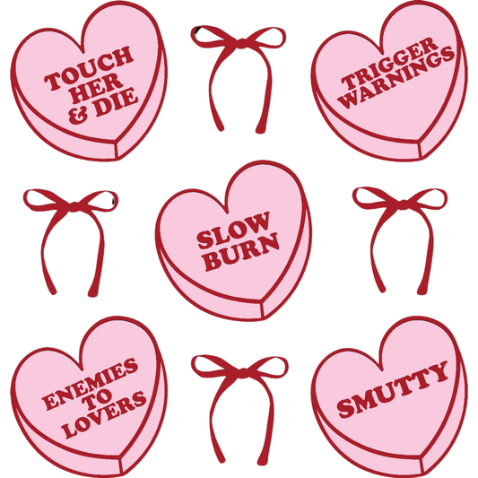 Pink hearts with text inside: touch her and die, trigger warnings, slow burn, enemies to lovers, smutty. 