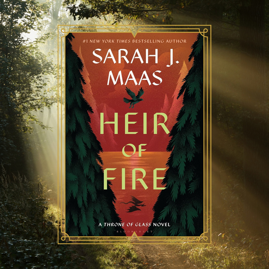Heir of Fire by Sarah J Maas book cover with a pine forest illustration showing a flying hawk, on a photo background of a forest with sunlight streaming in.