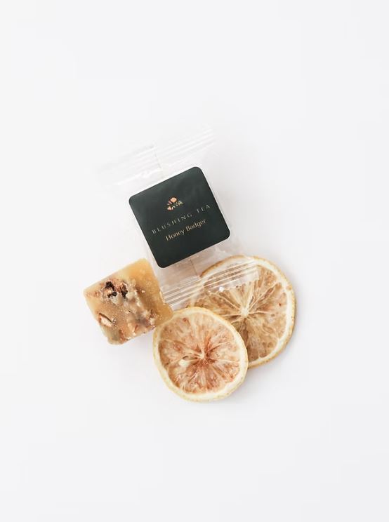 Honey cube tea shown with packaging.