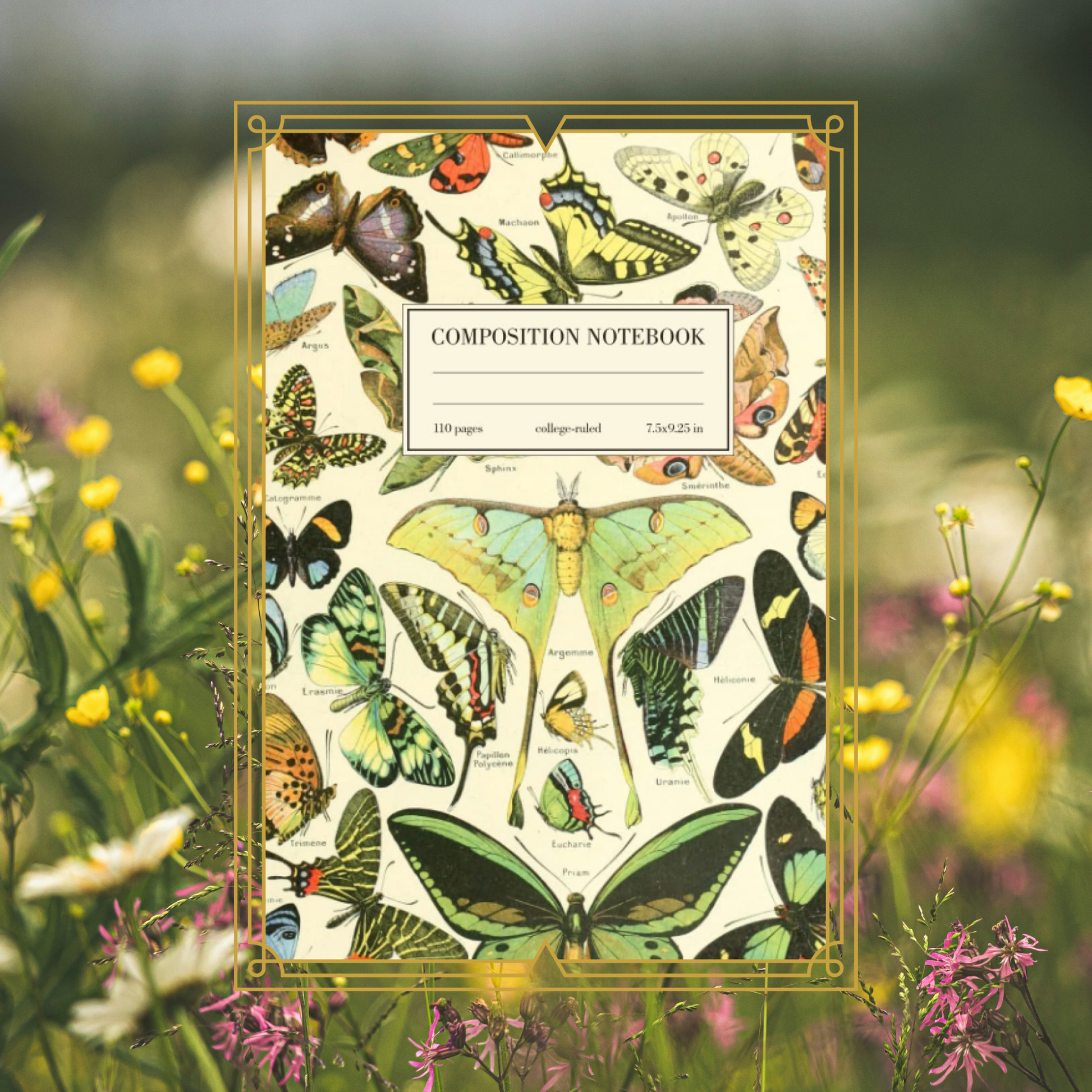 Composition notebook with moth design on a blurred natural background