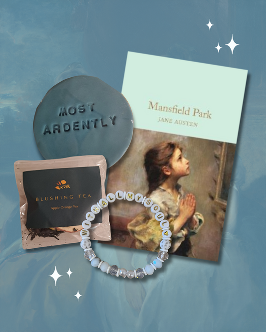 Mansfield Park Bundle showing the book, a cookie, a tea and a white bracelet.