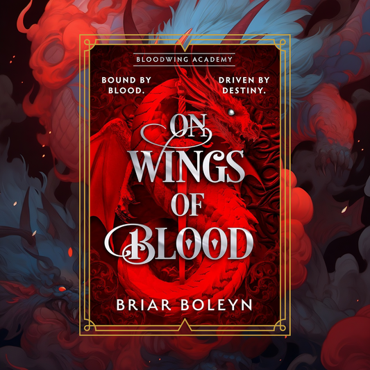 Book cover of 'On Wings of Blood' with a red dragon and fiery design.