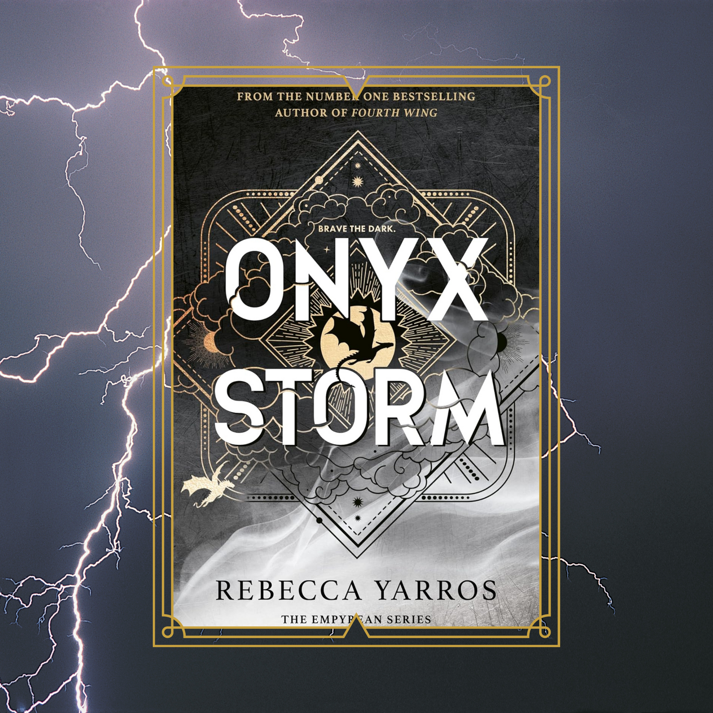 Onyx Storm by Rebecca Yarros book cover on a lightning bolt background.