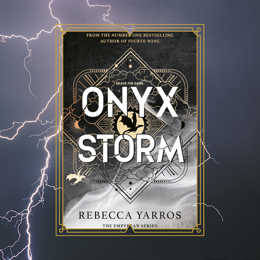 Onyx Storm by Rebecca Yarros book cover on a lightning bolt background.