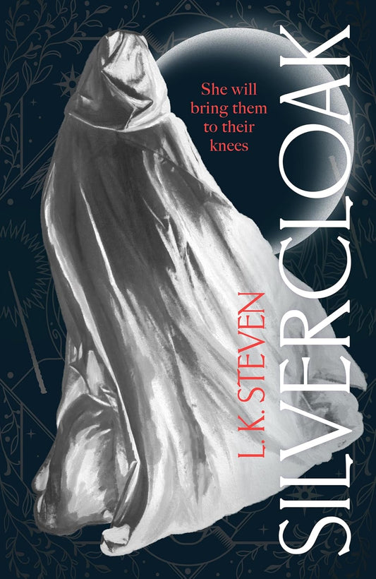 Book cover of 'Silver Cloak' by L.K. Steven featuring a figure in a cloak against a dark background.