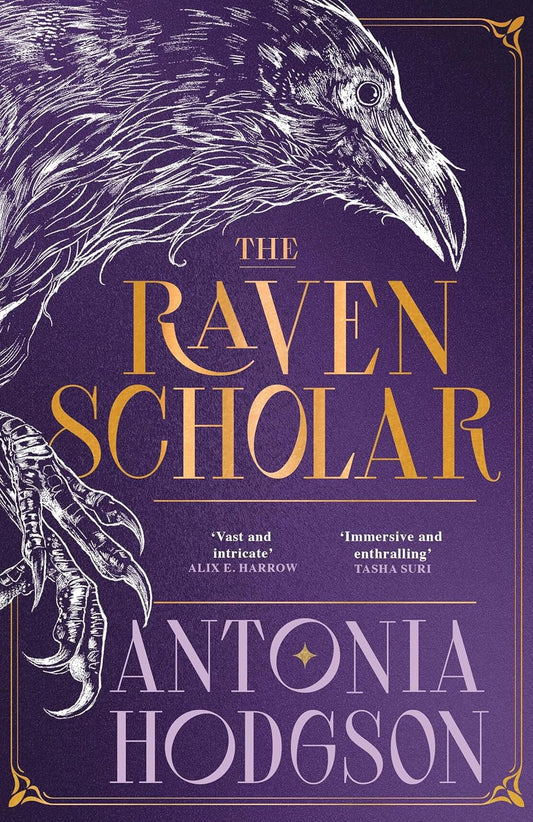 Book cover of 'The Raven Scholar' with a raven illustration on a purple background