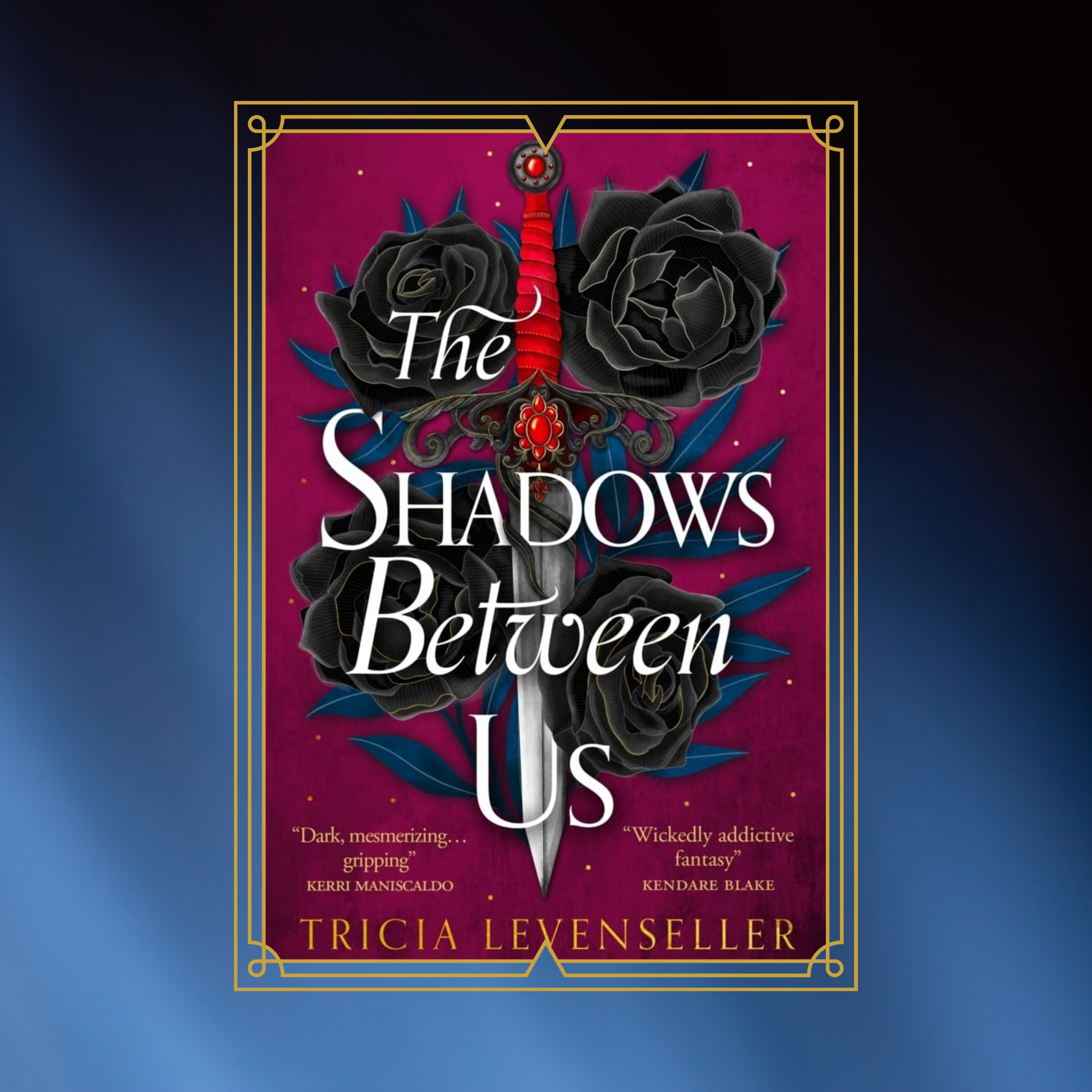 Book cover of 'The Shadows Between Us' with black roses and a sword on a purple background.