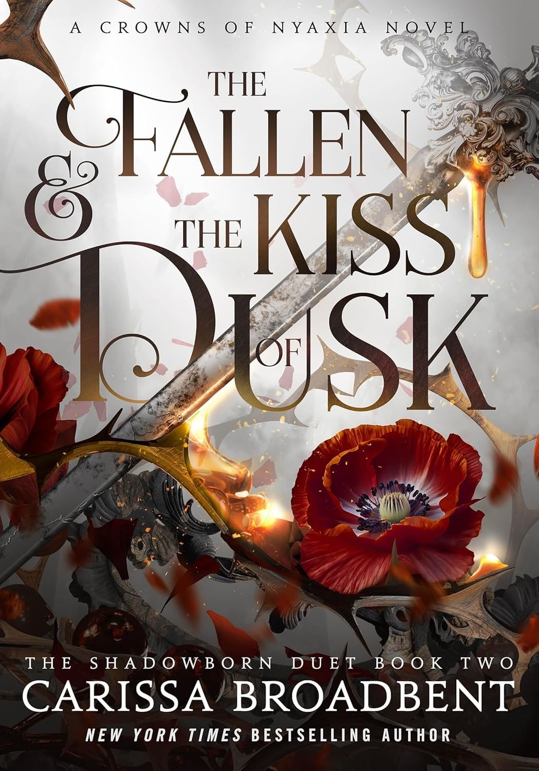Book cover of 'The Fallen & The Kiss of Dusk' with a sword and flowers.