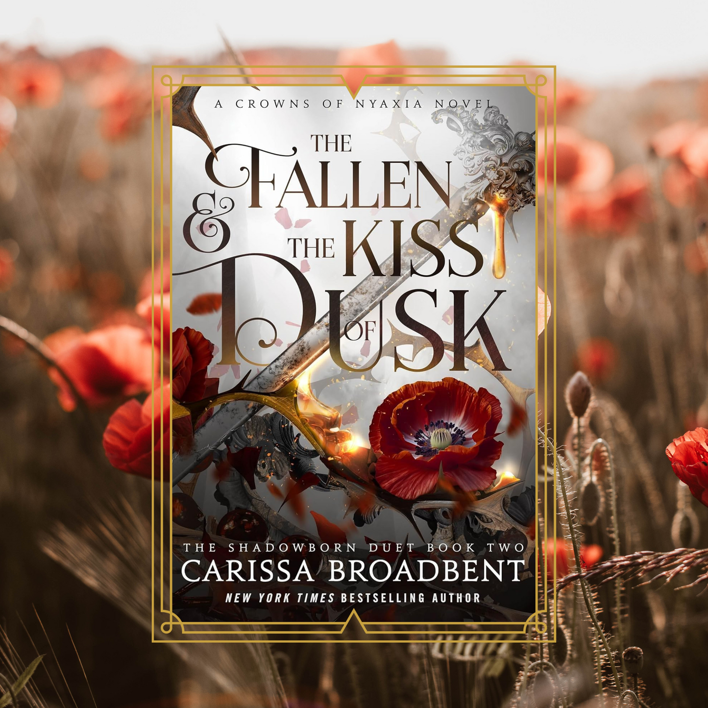 Book cover of 'The Fallen & The Kiss of Dusk' with a sword and flowers in the background