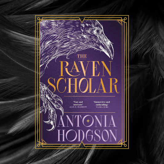 Book cover of 'The Raven Scholar' by Antonia Hodgson with a purple background and gold accents.