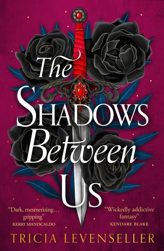 Book cover of 'The Shadows Between Us' with roses and a sword on a purple background