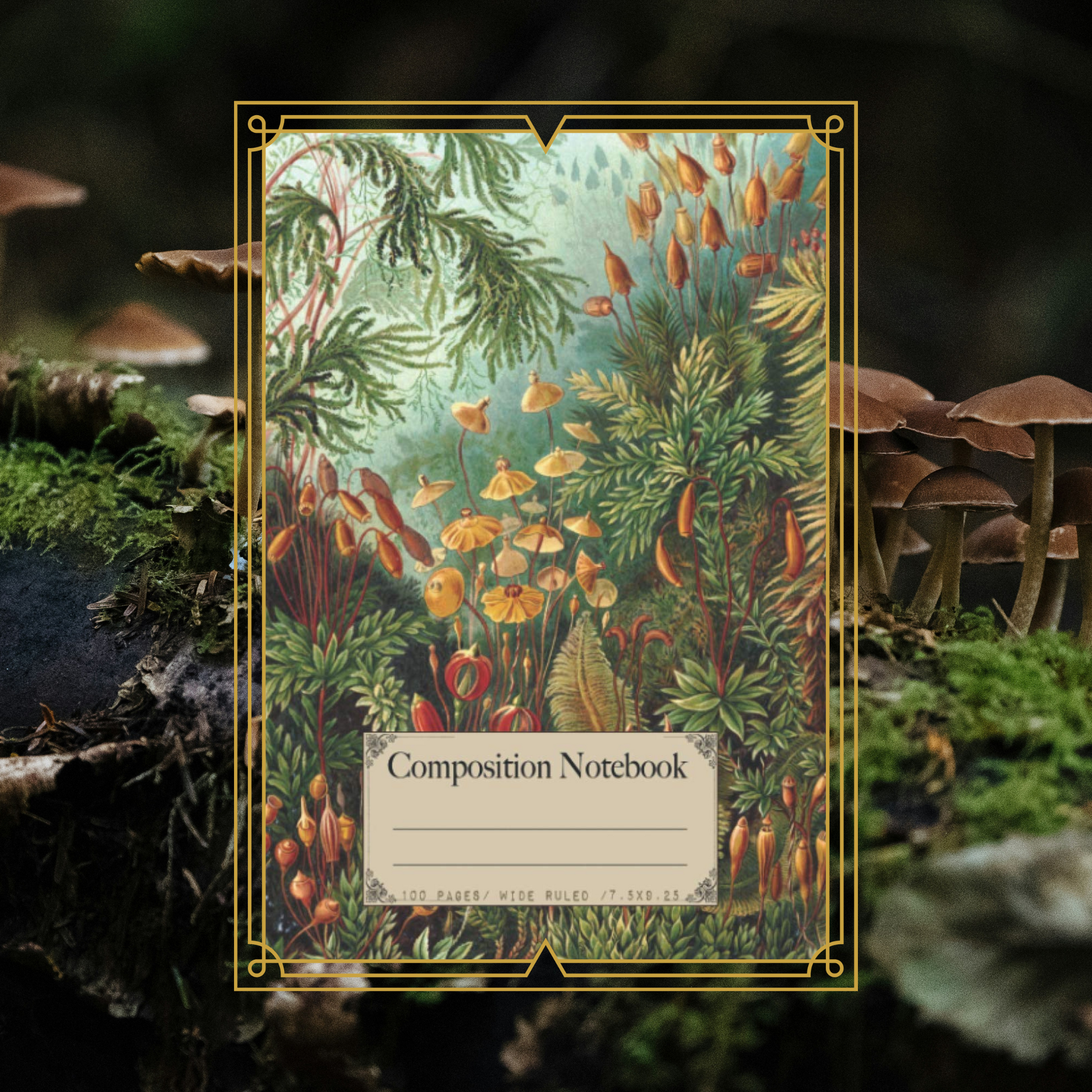 Composition notebook with nature-themed cover on a forest background