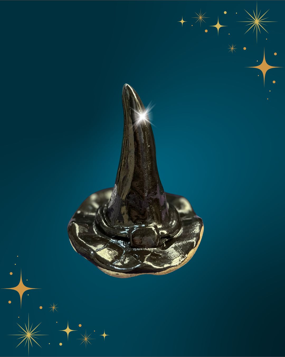 Black witches hat on a blue background